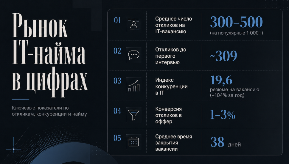  Верхнеуровневый срез рынка IT-найма: конкуренция за вакансии, объём откликов, конверсия в оффер и средние сроки закрытия позиций  
